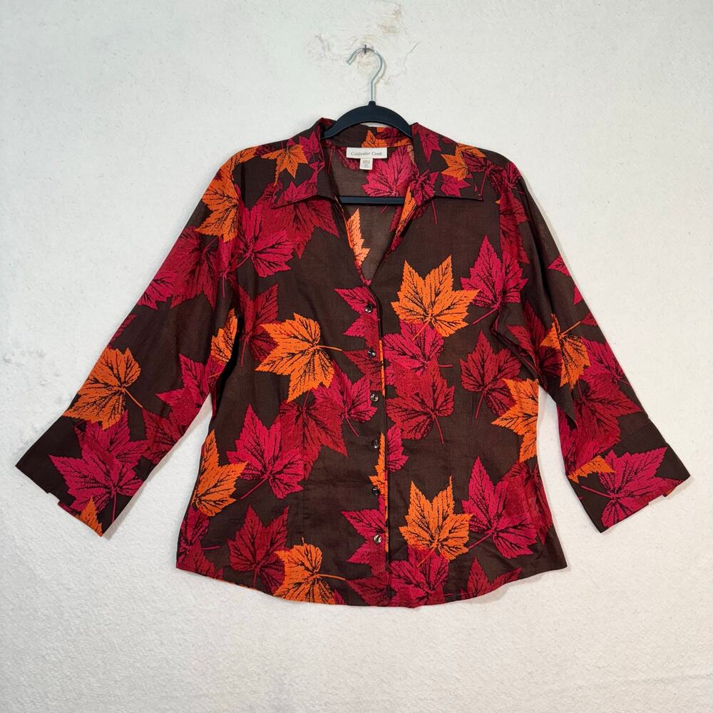 Coldwater Creek No-Iron 3/4 Sleeve Button-Down Blouse Maple Leaf Print Medium